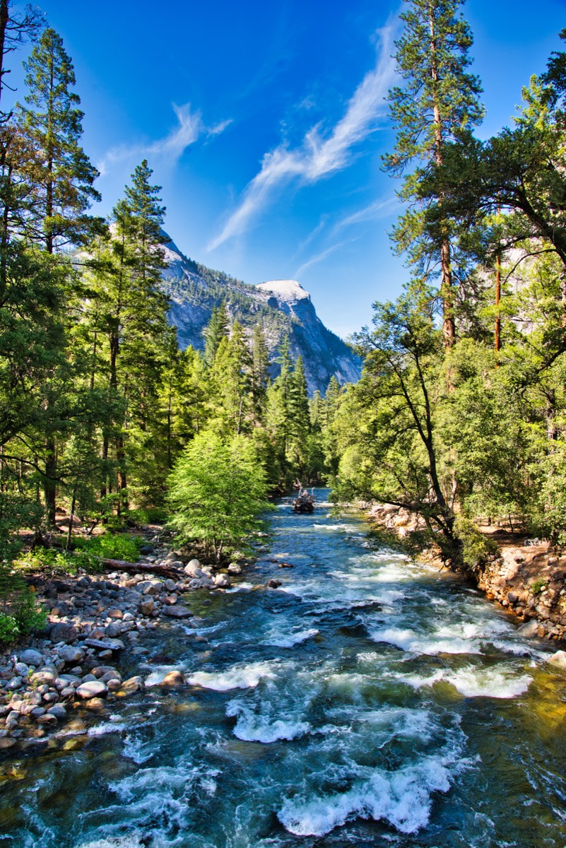 A river running through Yosemite, framed vertically by valley walls